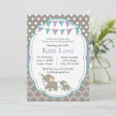 Elephant Baby Shower Lavender Aquamarine Einladung (Stehend Vorderseite)
