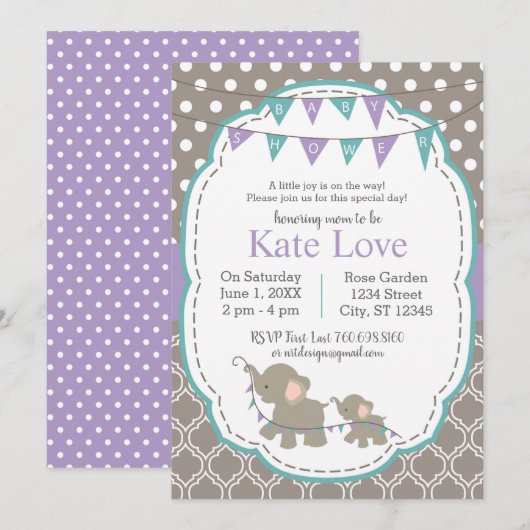 Elephant Baby Shower Lavender Aquamarine Einladung (Vorne/Hinten)