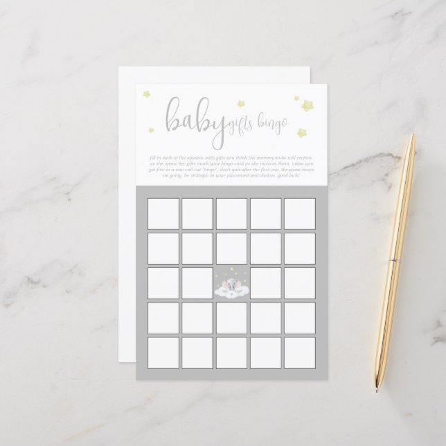 Elephant Baby Shower Light Gray Baby Bingo Game (Vorderseite/Rückseite Beispiel)