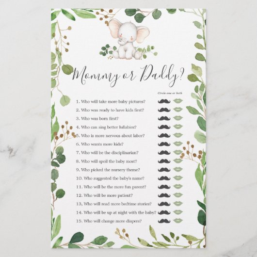 Elephant Baby Shower Mommy oder Daddy Game (Vorderseite)