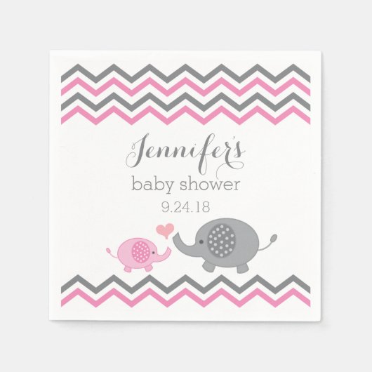 Elephant Baby Shower Napkins Pink Grau Zickzack Serviette (Vorderseite)