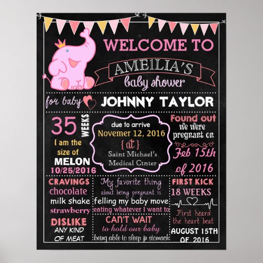 Elephant Baby Shower Party Chalkboard-Zeichen Girl Poster (Vorne)