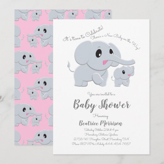 Elephant Baby Shower Pink Girl Einladung (Vorne/Hinten)