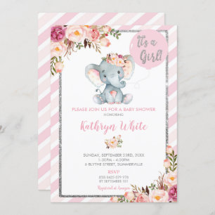 Elephant Baby Shower Pink und Silver Einladung