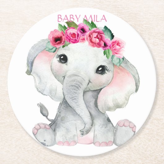 Elephant Baby Shower Runder Pappuntersetzer (Vorderseite)
