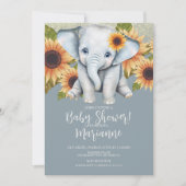 Elephant Baby Shower Sonnenblume Glitzer Dusty Blu Einladung (Vorderseite)