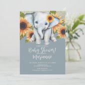 Elephant Baby Shower Sonnenblume Glitzer Dusty Blu Einladung (Stehend Vorderseite)