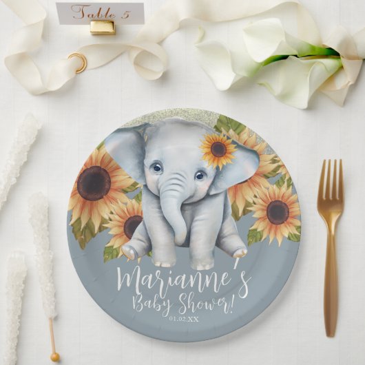 Elephant Baby Shower Sonnenblume Glitzer Dusty Blu Pappteller (Hochzeit)