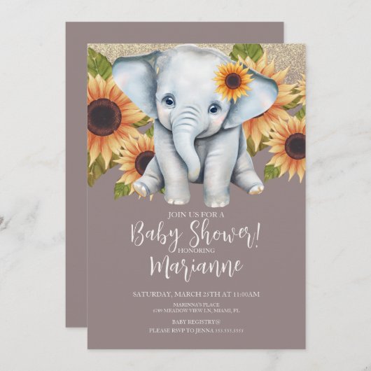Elephant Baby Shower Sonnenblume Glitzer Dusty Pin Einladung (Vorne/Hinten)
