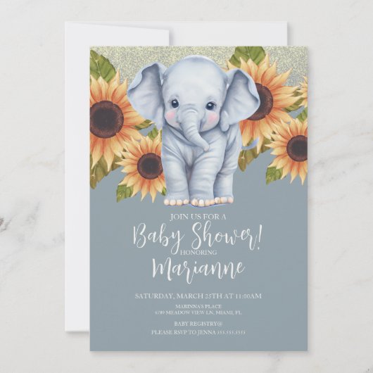 Elephant Baby Shower Sonnenblumen Glitzer Dusty Bl Einladung (Vorderseite)