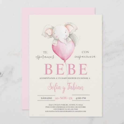 Elephant Baby Shower Spanische Einladung (Vorne/Hinten)