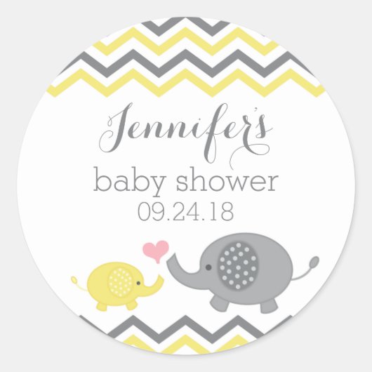 Elephant Baby Shower Stickers Gelb Grau Zickzack (Vorderseite)