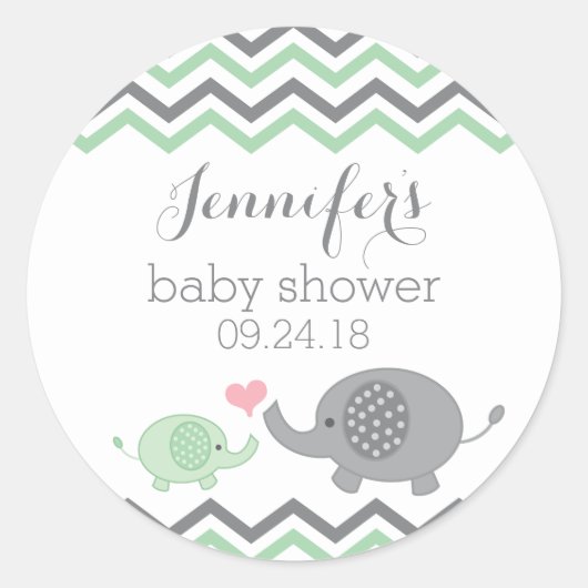 Elephant Baby Shower Stickers Green Grau Zickzack (Vorderseite)