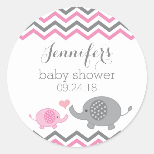 Elephant Baby Shower Stickers | Rosa Grau Zickzack (Vorderseite)