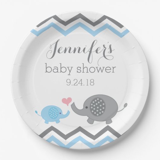 Elephant Baby Shower Teller | Blauer Grau Zickzack (Vorderseite)