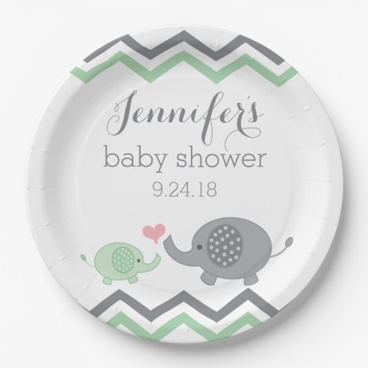 Elephant Baby Shower Teller | Green Gray Zickzack (Vorderseite)