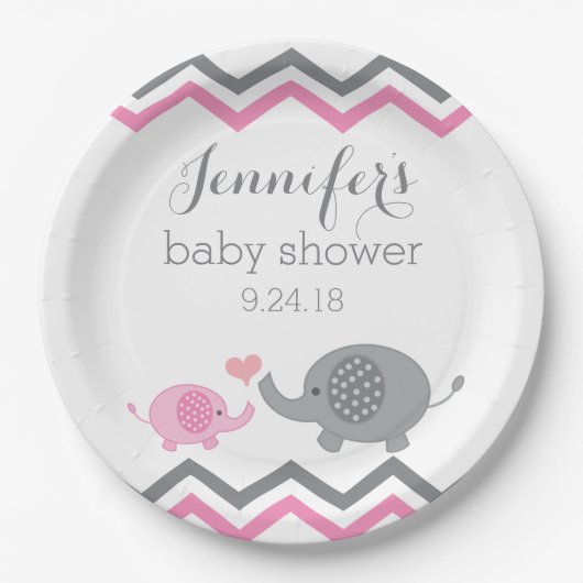 Elephant Baby Shower Teller | Rosa Grau Zickzack (Vorderseite)