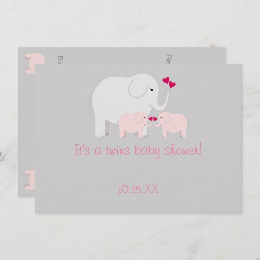 Elephant Baby Shower Twin Girls Einladung (Vorne/Hinten)