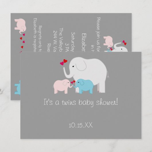 Elephant Baby Shower Twins Boy Girl Einladung (Vorne/Hinten)