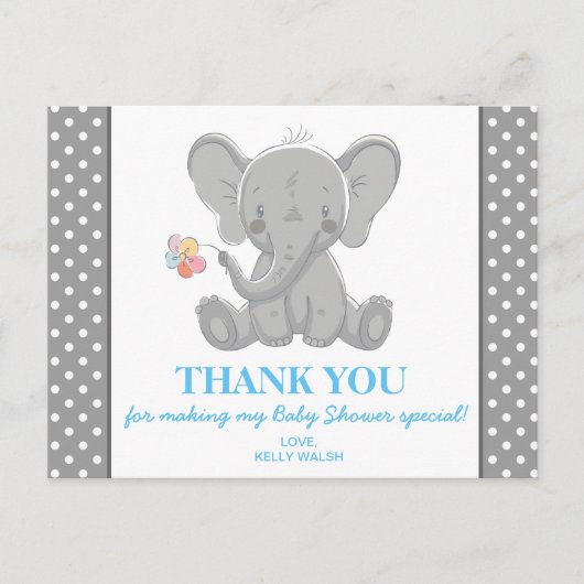 Elephant Baby Shower Vielen Dank Hinweis Polka Dot Postkarte (Vorderseite)