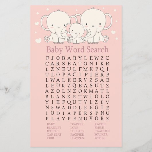 Elephant Baby Shower Word Search Game (Vorderseite)