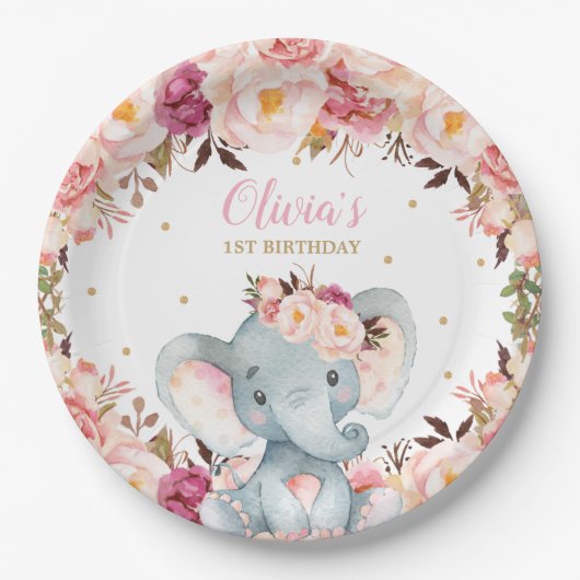Elephant Baby Shows Birthday Blush Floral 9" Pappteller (Vorderseite)