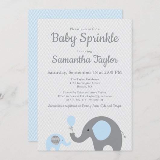 Elephant Baby Sprinkle Einladung in Blau und Grau (Vorne/Hinten)