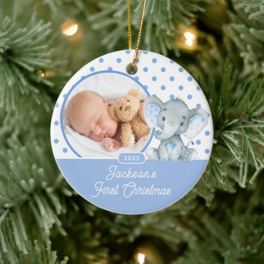 Elephant Baby's First Christmas Foto Keramik Ornament (Baum)