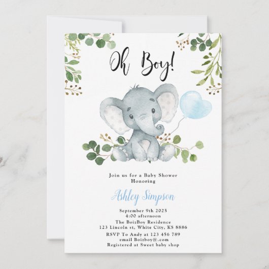 Elephant Ballon Oh Junge Dusche Einladung (Vorderseite)