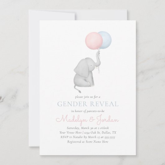 Elephant Balloon Gender Reveal Einladung (Vorderseite)