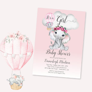 Elephant Balloon Girl Baby Shower Rosa Rosen Einladung