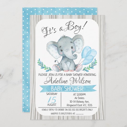 Elephant Balloon Wassercolor Babydusche Einladung (Vorne/Hinten)