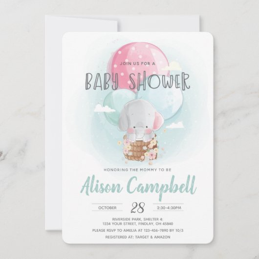 Elephant Balloons Gender Neutral Baby Shower Einladung (Vorderseite)