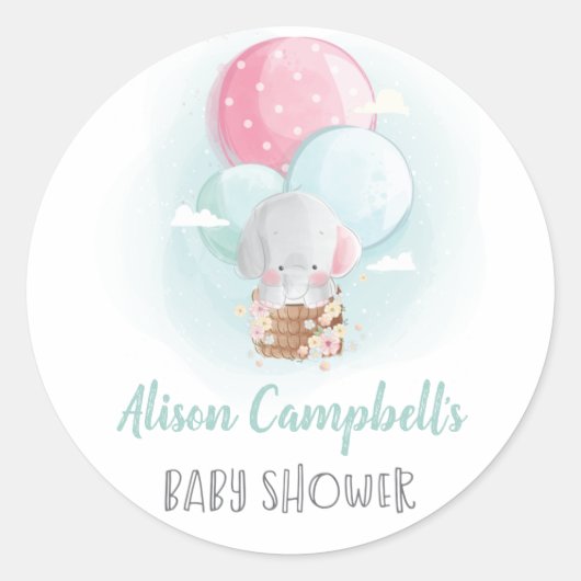 Elephant Balloons Gender Neutral Baby Shower Runder Aufkleber (Vorderseite)