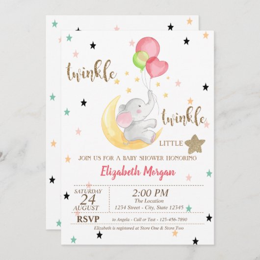 Elephant, Balloons, Twinkle Little Star Baby Dusch Einladung (Vorne/Hinten)