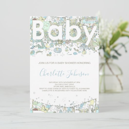 Elephant Bärengigraffe Watercolor Blue Einladung (Stehend Vorderseite)