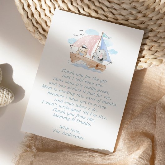 Elephant Bear Boat Baby Dusche Danke Karte