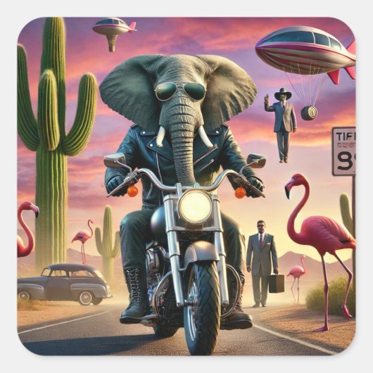 Elephant Biker Surreal Desert Ride Quadratischer Aufkleber (Vorderseite)