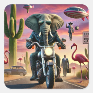 Elephant Biker Surreal Desert Ride Quadratischer Aufkleber