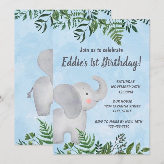 Elephant Birthday Einladung (Vorne/Hinten)