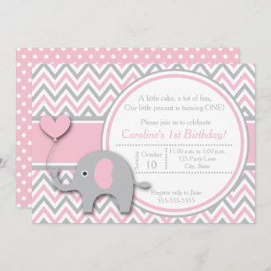 Elephant Birthday Einladung, Rosa und Grau Einladung