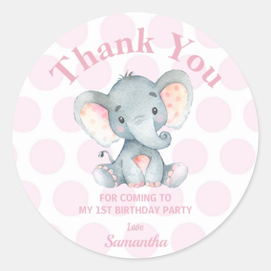 Elephant Birthday Vielen Dank Stickers Labels Pink (Vorderseite)