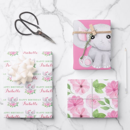 Elephant Birthday Wrapping Paper Sheets Geschenkpapier Set (Vorderseite)