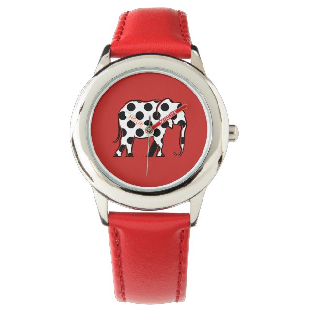 Elephant Black and White Polka Dot Pattern Red Armbanduhr (Vorderseite)