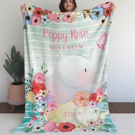 Elephant Blanket mit Blume + Individuelle Name Fleecedecke