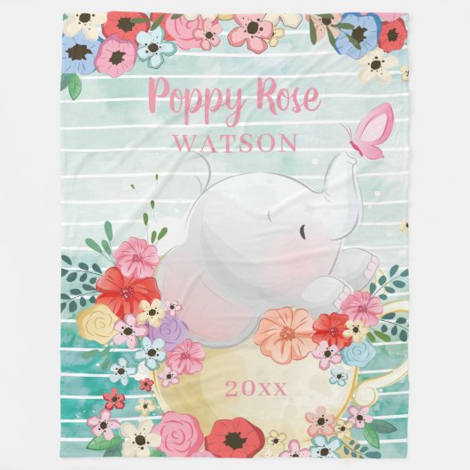 Elephant Blanket mit Blume + Individuelle Name Fleecedecke (Vorderseite)