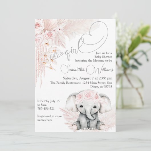 Elephant Blash Pink Blume Boho Baby Dusche Einladung (Stehend Vorderseite)