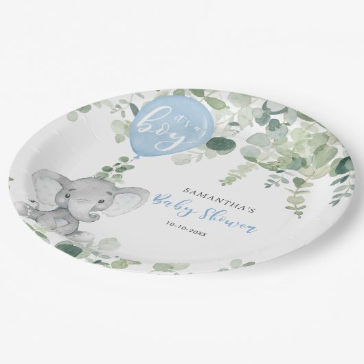 Elephant blauer Ballonjunge Babydusche Grüne Pappteller (Schrägansicht)