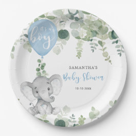 Elephant blauer Ballonjunge Babydusche Grüne Pappteller