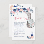 Elephant Blue and Pink Baby Dusche Vielen Dank Dankeskarte (Vorne/Hinten)